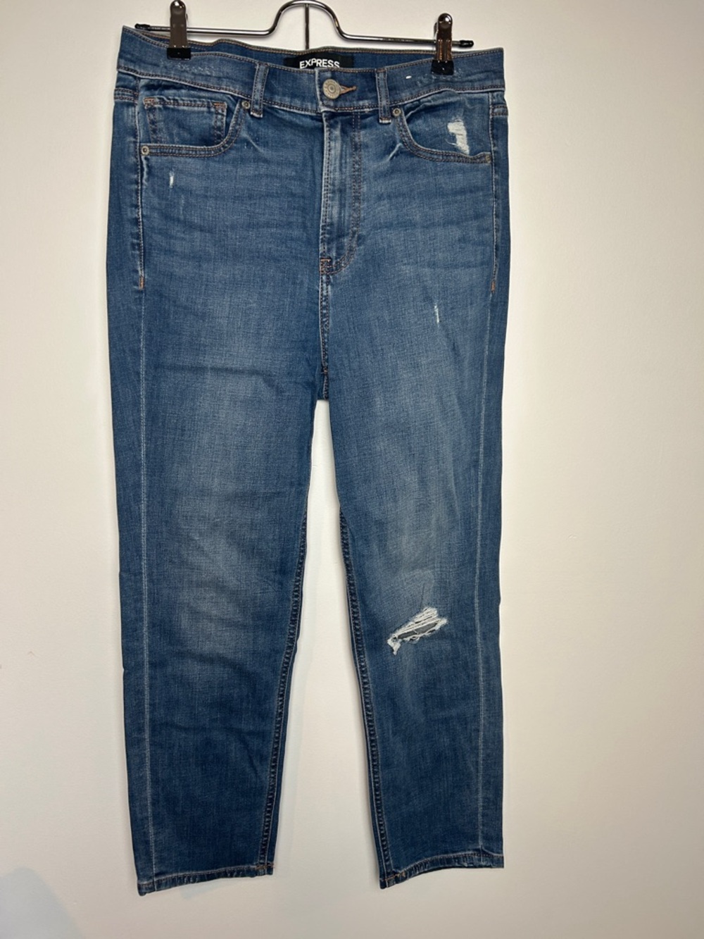 Express Straight-Leg Jeans in Medium Blue with Distressed Detail